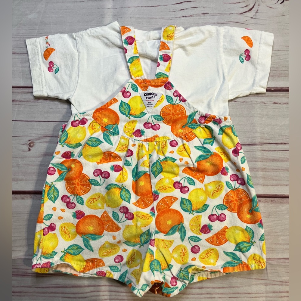 Vintage Oshkosh B’Gosh Girls’ Size 3T Matching Fruit Overalls and T-shirt - Picture 2 of 8